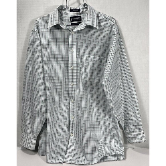 Stafford Essentials Everyday Shirt Men's Size 15.5 32-33 White Blue Brown Check - Picture 1 of 10